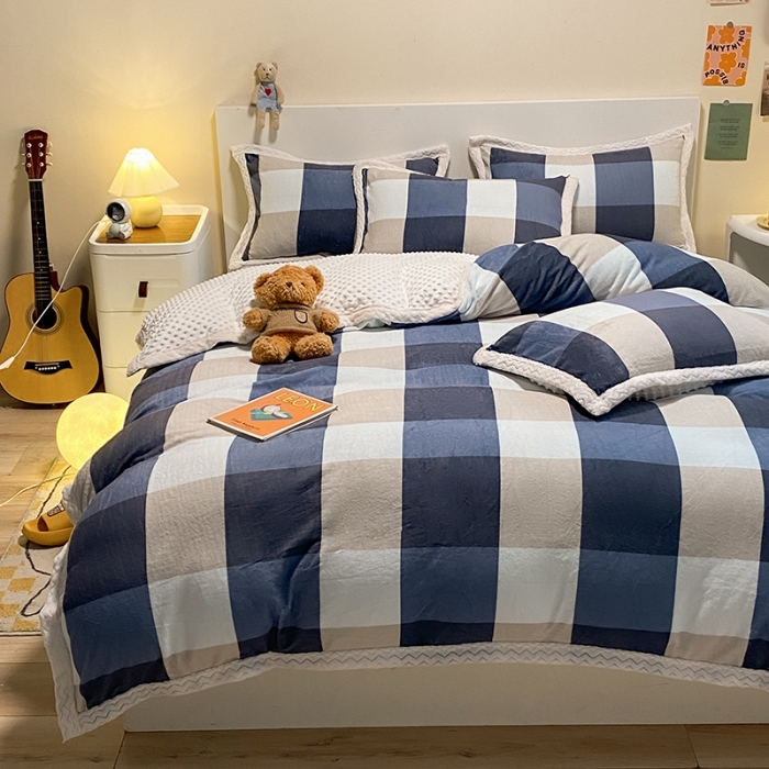 91家纺网 家纺一手货源 找家纺 澳梵 2022新款牛奶绒豆豆绒四件套 蓝格