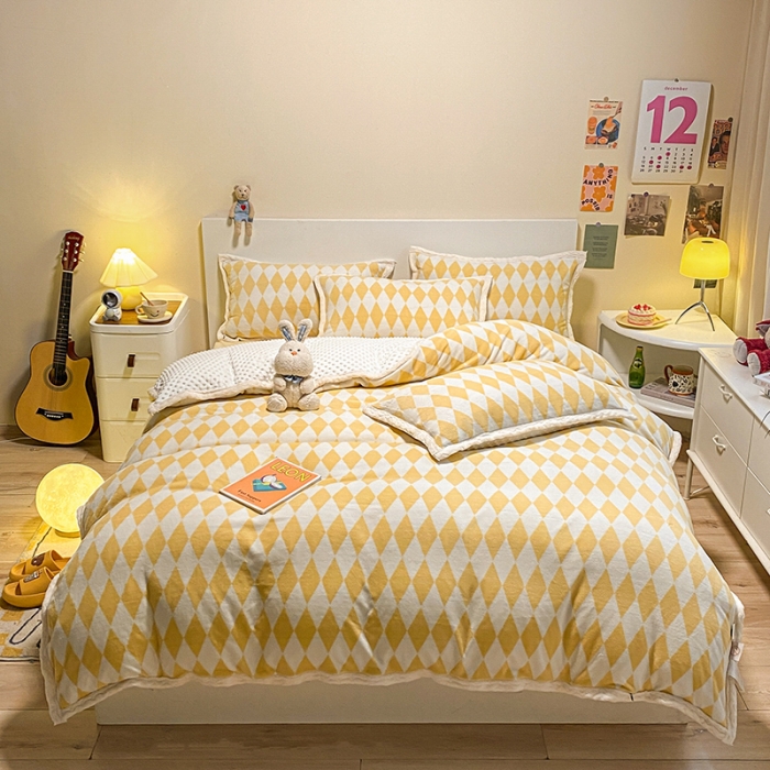 91家纺网 家纺一手货源 找家纺 澳梵 2022新款牛奶绒豆豆绒四件套 时光-黄