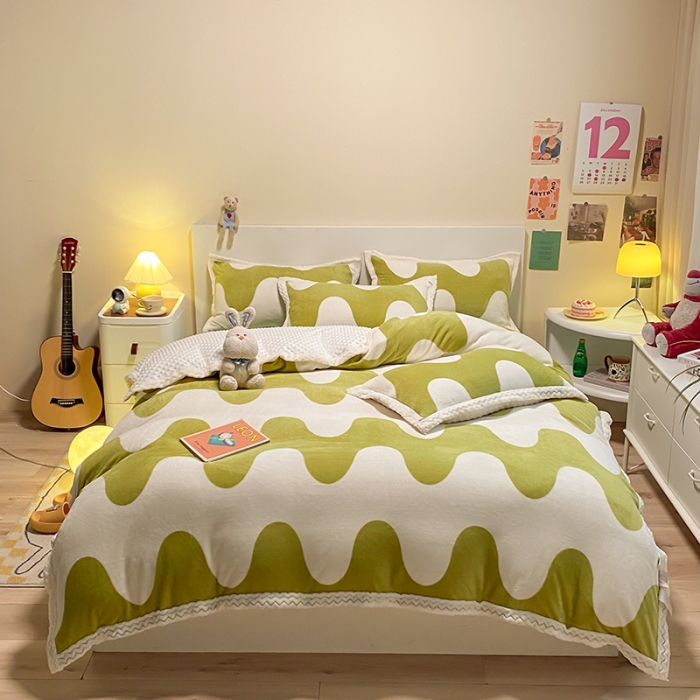 91家纺网 家纺一手货源 找家纺 澳梵 2022新款牛奶绒豆豆绒四件套 维拉-绿色