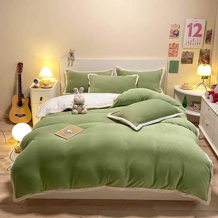 91家纺网 家纺一手货源 找家纺 澳梵 2022新款牛奶绒豆豆绒四件套 氧气-草绿