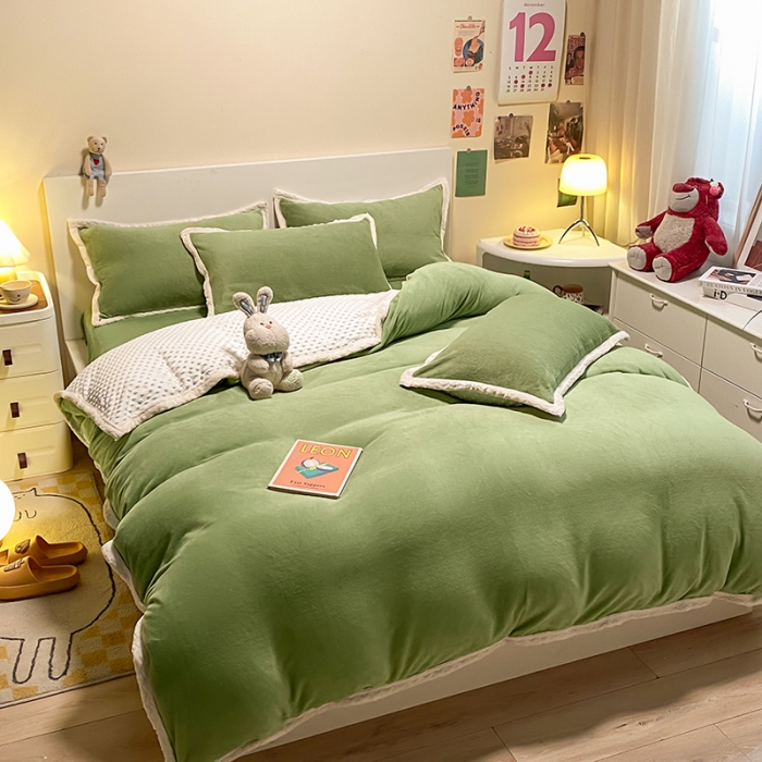 91家纺网 家纺一手货源 找家纺 澳梵 2022新款牛奶绒豆豆绒四件套 氧气-草绿