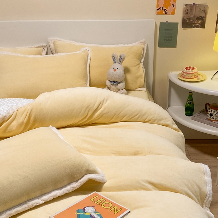 91家纺网 家纺一手货源 找家纺 澳梵 2022新款牛奶绒豆豆绒四件套 氧气-黄色