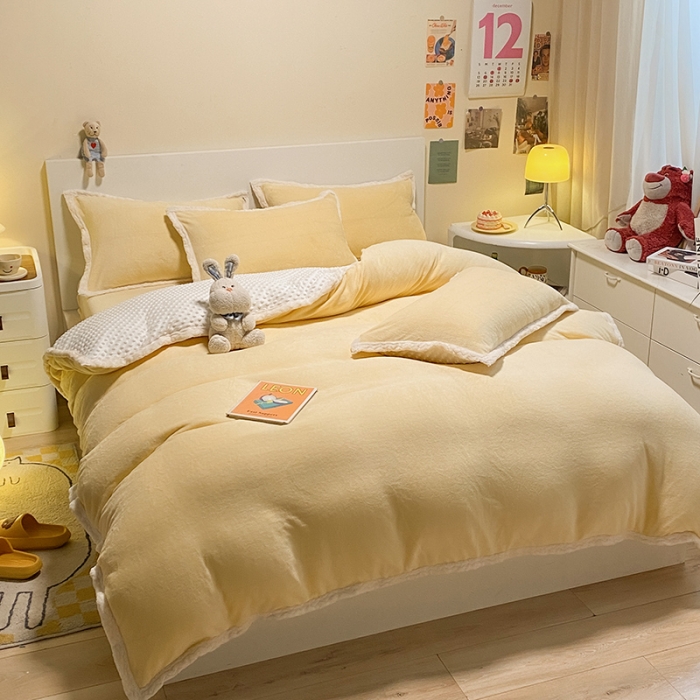 91家纺网 家纺一手货源 找家纺 澳梵 2022新款牛奶绒豆豆绒四件套 氧气-黄色