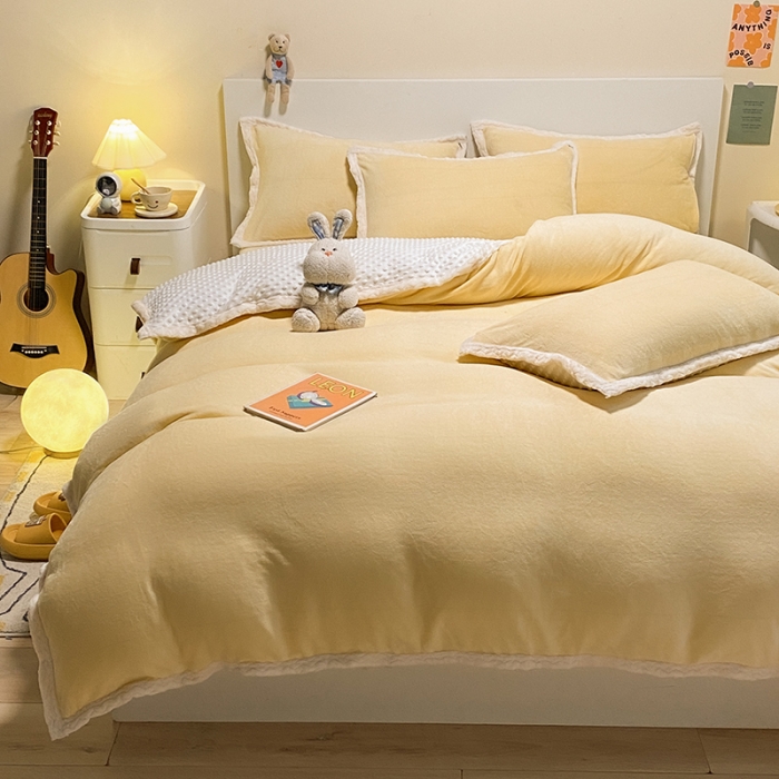 91家纺网 家纺一手货源 找家纺 澳梵 2022新款牛奶绒豆豆绒四件套 氧气-黄色