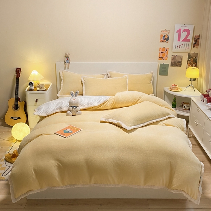 91家纺网 家纺一手货源 找家纺 澳梵 2022新款牛奶绒豆豆绒四件套 氧气-黄色