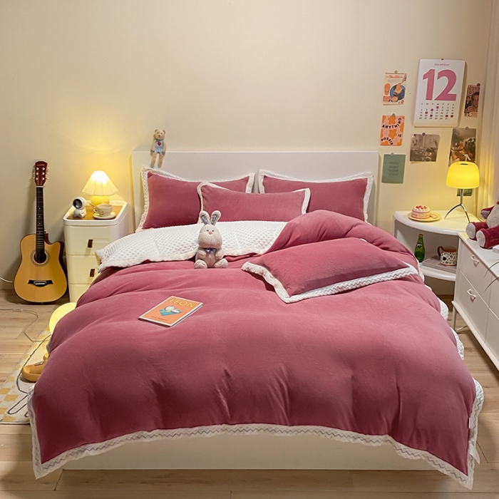 91家纺网 家纺一手货源 找家纺 澳梵 2022新款牛奶绒豆豆绒四件套 氧气-浆果色