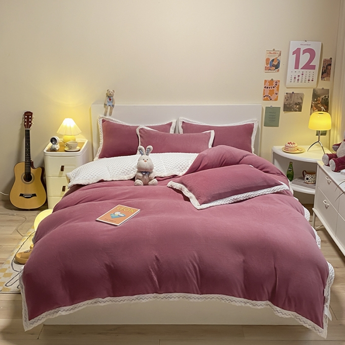 91家纺网 家纺一手货源 找家纺 澳梵 2022新款牛奶绒豆豆绒四件套 氧气-浆果色