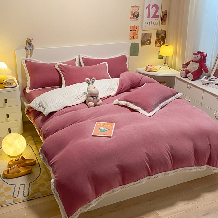 91家纺网 家纺一手货源 找家纺 澳梵 2022新款牛奶绒豆豆绒四件套 氧气-浆果色