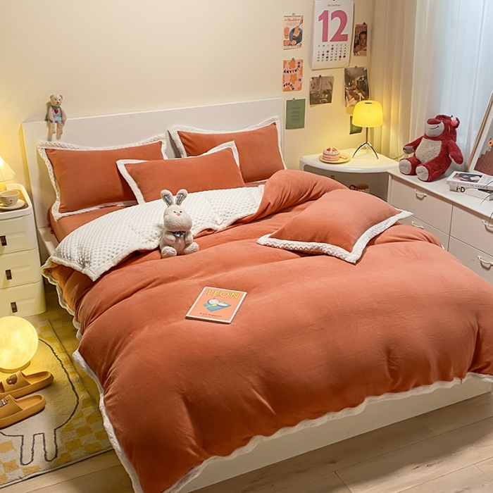 91家纺网 家纺一手货源 找家纺 澳梵 2022新款牛奶绒豆豆绒四件套 氧气-南瓜色