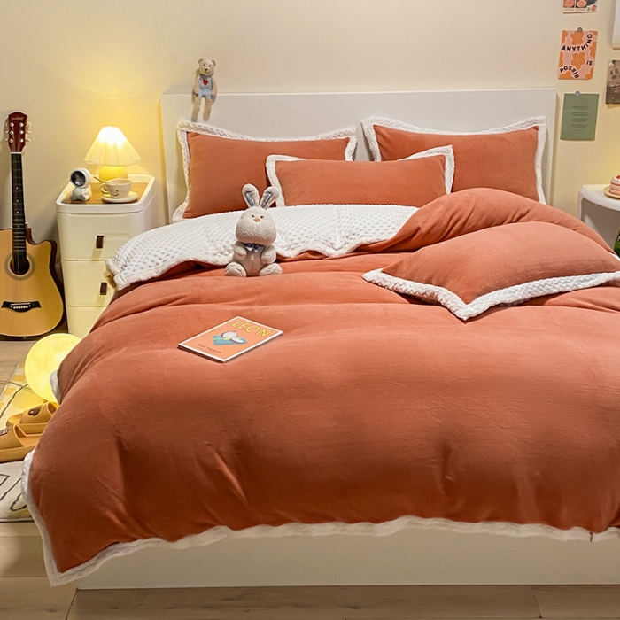 91家纺网 家纺一手货源 找家纺 澳梵 2022新款牛奶绒豆豆绒四件套 氧气-南瓜色