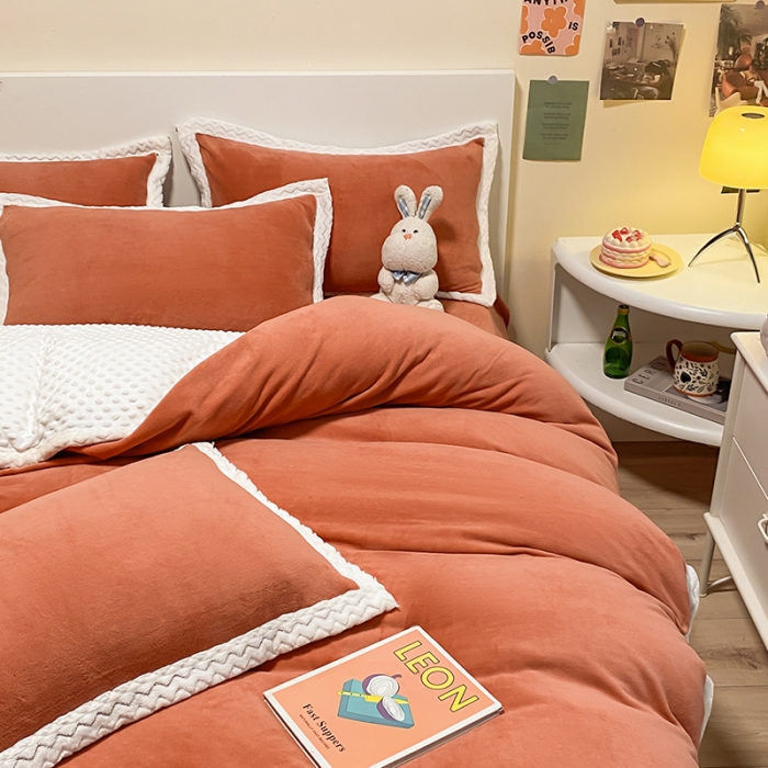 91家纺网 家纺一手货源 找家纺 澳梵 2022新款牛奶绒豆豆绒四件套 氧气-南瓜色