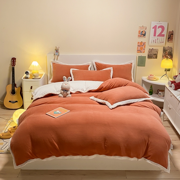 91家纺网 家纺一手货源 找家纺 澳梵 2022新款牛奶绒豆豆绒四件套 氧气-南瓜色