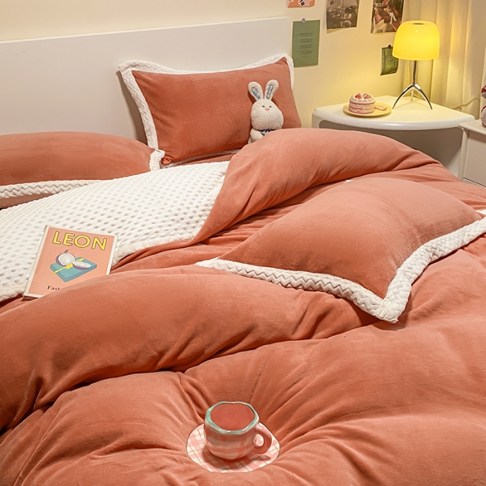 91家纺网 家纺一手货源 找家纺 澳梵 2022新款牛奶绒豆豆绒四件套 氧气-南瓜色