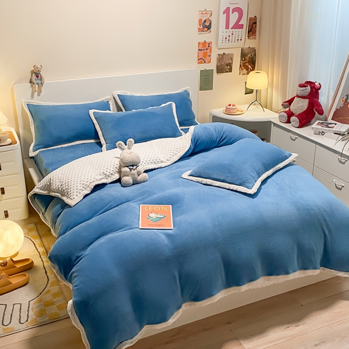 91家纺网 家纺一手货源 找家纺 澳梵 2022新款牛奶绒豆豆绒四件套 氧气-绅士蓝