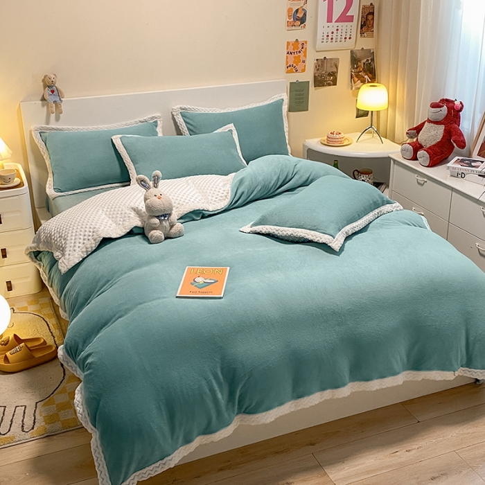 91家纺网 家纺一手货源 找家纺 澳梵 2022新款牛奶绒豆豆绒四件套 氧气-雾霾蓝