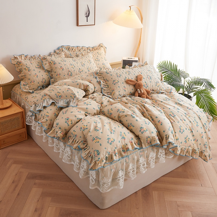 91家纺网 家纺一手货源 找家纺 宜凡 2023新款四季款夹棉小清新床笠四件套 纷飞