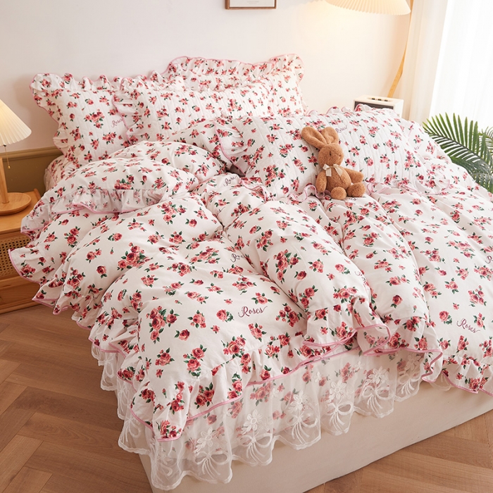 91家纺网 家纺一手货源 找家纺 宜凡 2023新款四季款夹棉小清新床笠四件套 瑰园