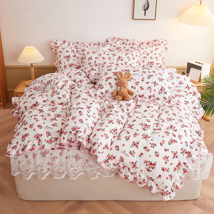 91家纺网 家纺一手货源 找家纺 宜凡 2023新款四季款夹棉小清新床笠四件套 瑰园