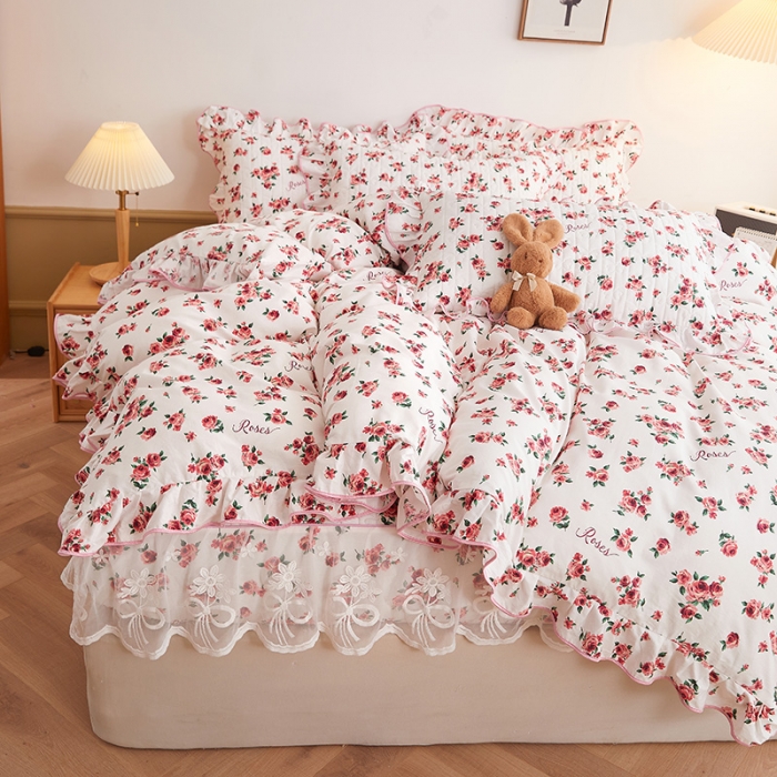 91家纺网 家纺一手货源 找家纺 宜凡 2023新款四季款夹棉小清新床笠四件套 瑰园