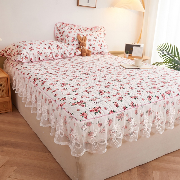 91家纺网 家纺一手货源 找家纺 宜凡 2023新款四季款夹棉小清新床笠三件套 瑰园