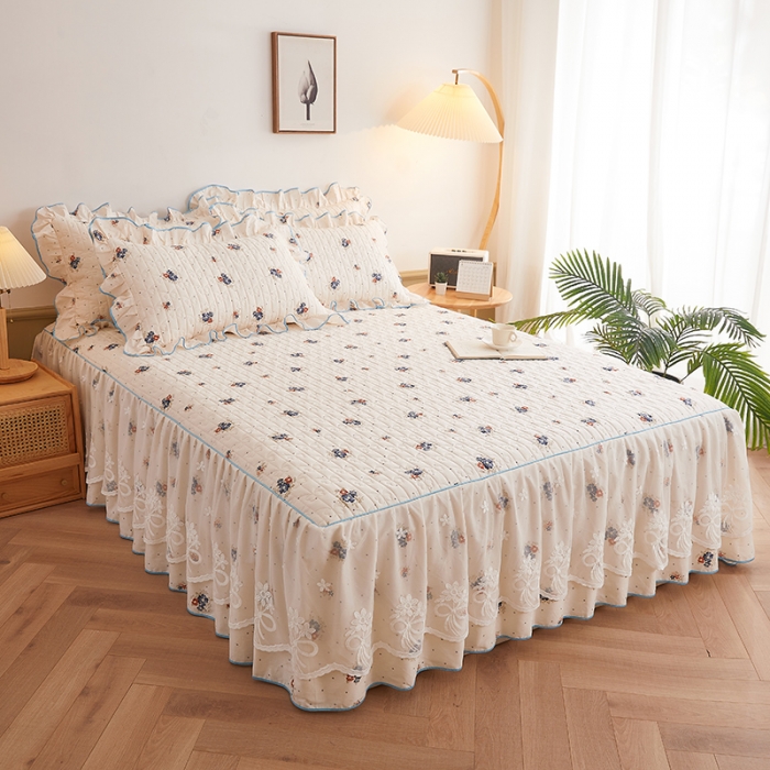 91家纺网 家纺一手货源 找家纺 宜凡 2023新款四季款全棉夹棉床裙三件套 春归