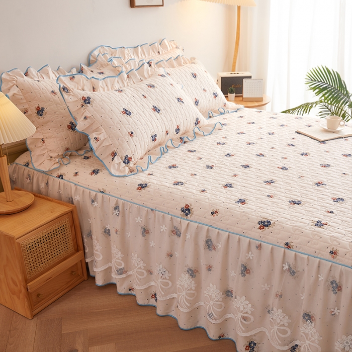 91家纺网 家纺一手货源 找家纺 宜凡 2023新款四季款全棉夹棉床裙三件套 春归