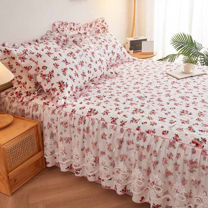 91家纺网 家纺一手货源 找家纺 宜凡 2023新款四季款全棉夹棉床裙三件套 瑰园