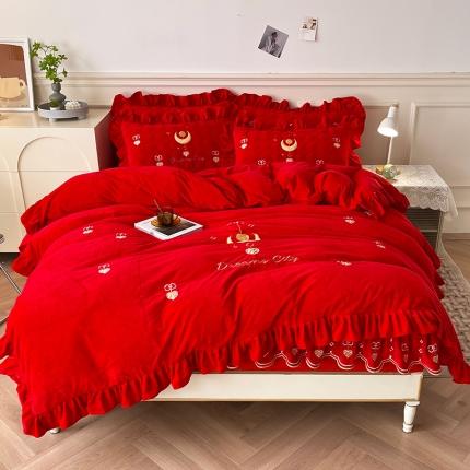 宜凡 2022新款婴儿绒A类床笠四件套 星悅-中国红