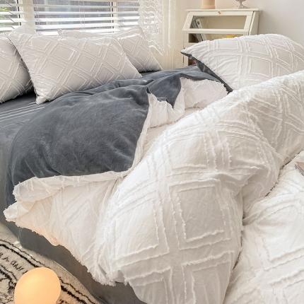 91家纺网 家纺一手货源 找家纺 琪格格纺织 2023新款韩式水洗棉剪花+牛奶绒四件套 象牙白