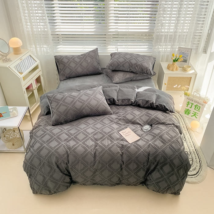 91家纺网 家纺一手货源 找家纺 琪格格纺织 2023新款韩式水洗棉剪花+牛奶绒四件套 高级灰