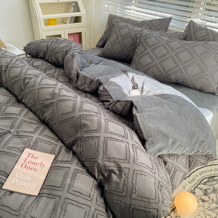 91家纺网 家纺一手货源 找家纺 琪格格纺织 2023新款韩式水洗棉剪花+牛奶绒四件套 高级灰