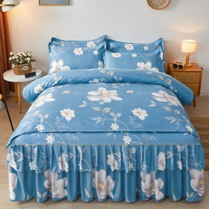 91家纺网 家纺一手货源 找家纺 优家居 2025新款芦荟棉床裙四件套韩版公主风花边三件套双层边床罩床笠床单被套外贸直播爆款白玉兰