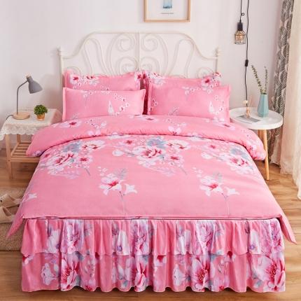 91家纺网 家纺一手货源 找家纺 优家居 2025新款芦荟棉床裙四件套韩版公主风花边三件套双层边床罩床笠床单被套外贸直播爆款春风画梦