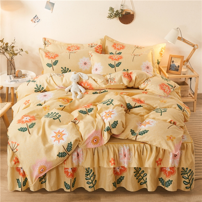 91家纺网 家纺一手货源 找家纺 优家居 2025新款芦荟棉床裙四件套韩版公主风花边三件套双层边床罩床笠床单被套外贸直播爆款花好月圆