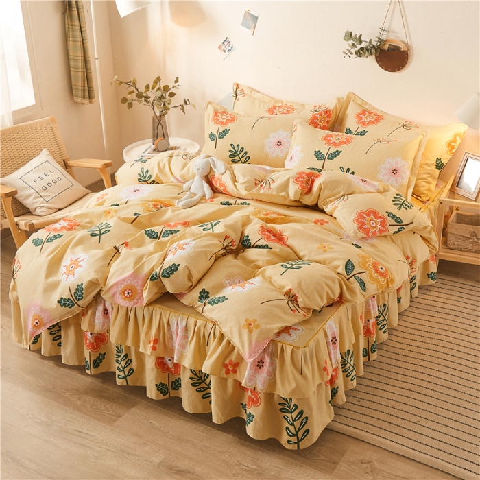 91家纺网 家纺一手货源 找家纺 优家居 2025新款芦荟棉床裙四件套韩版公主风花边三件套双层边床罩床笠床单被套外贸直播爆款花好月圆