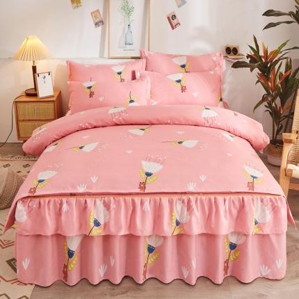 91家纺网 家纺一手货源 找家纺 优家居 2025新款芦荟棉床裙四件套韩版公主风花边三件套双层边床罩床笠床单被套外贸直播爆款快乐人生