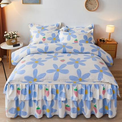 91家纺网 家纺一手货源 找家纺 优家居 2025新款芦荟棉床裙四件套韩版公主风花边三件套双层边床罩床笠床单被套外贸直播爆款蓝色天空