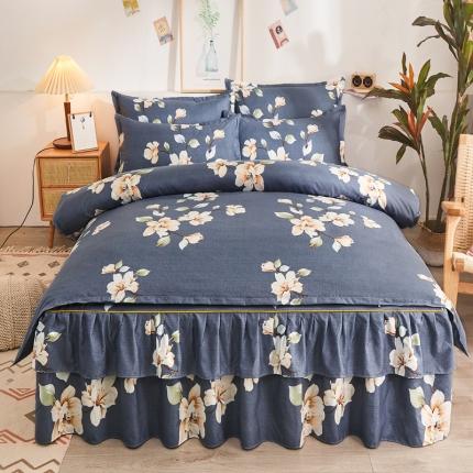 91家纺网 家纺一手货源 找家纺 优家居 2025新款芦荟棉床裙四件套韩版公主风花边三件套双层边床罩床笠床单被套外贸直播爆款栀子花开