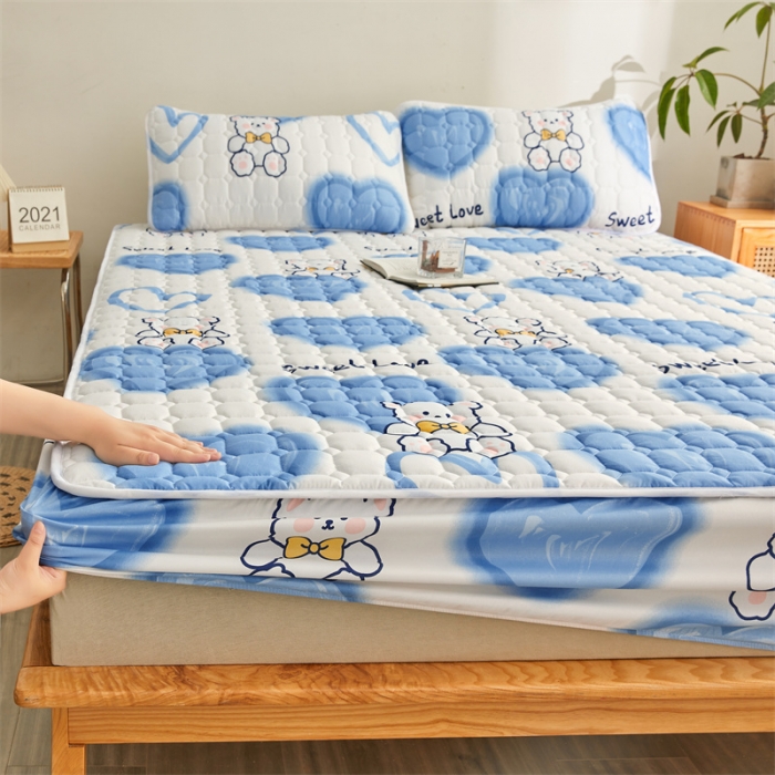 91家纺网 家纺一手货源 找家纺 （总）雯豆 2022新款磨毛夹棉床笠纯色印花芦荟棉床垫保护垫
