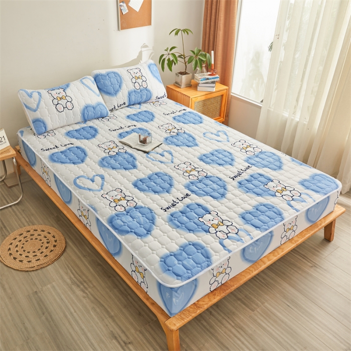 91家纺网 家纺一手货源 找家纺 （总）雯豆 2022新款磨毛夹棉床笠纯色印花芦荟棉床垫保护垫