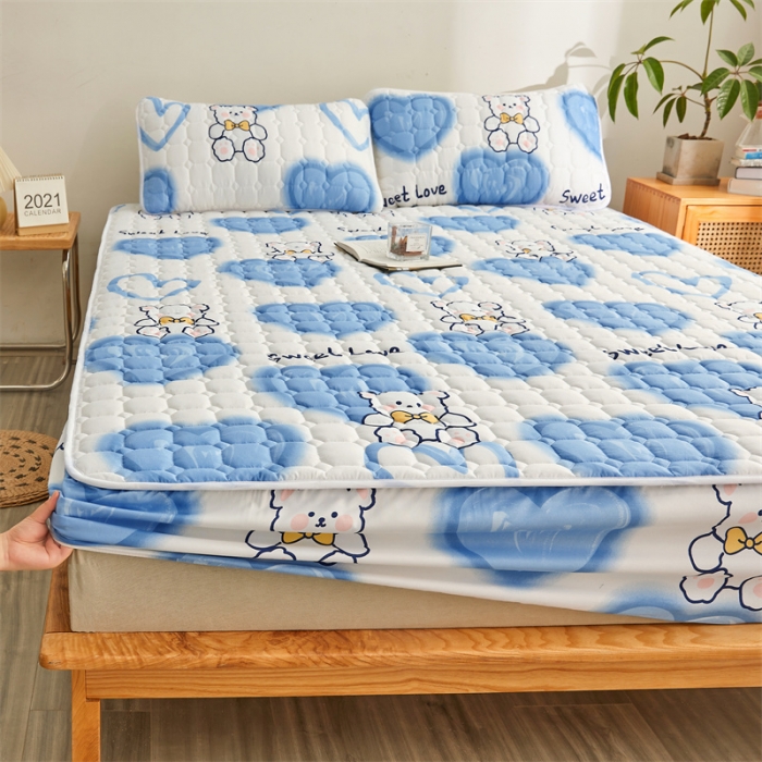 91家纺网 家纺一手货源 找家纺 （总）雯豆 2022新款磨毛夹棉床笠纯色印花芦荟棉床垫保护垫