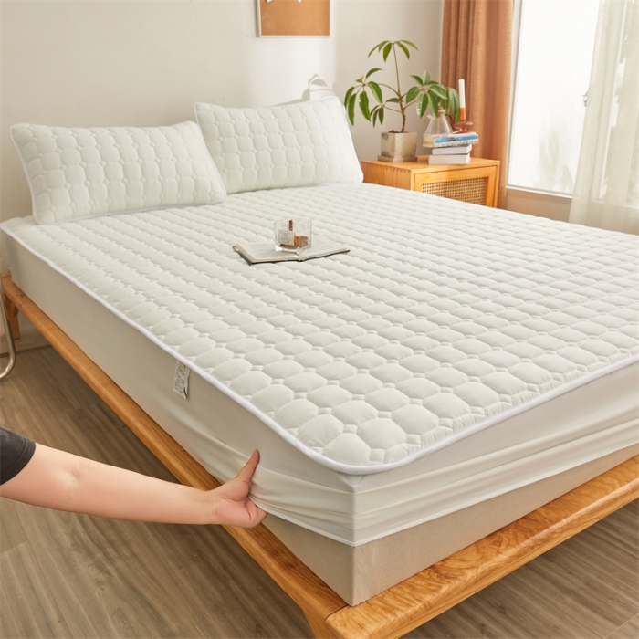 91家纺网 家纺一手货源 找家纺 雯豆 2022新款磨毛夹棉床笠纯色印花芦荟棉床垫保护垫 白色