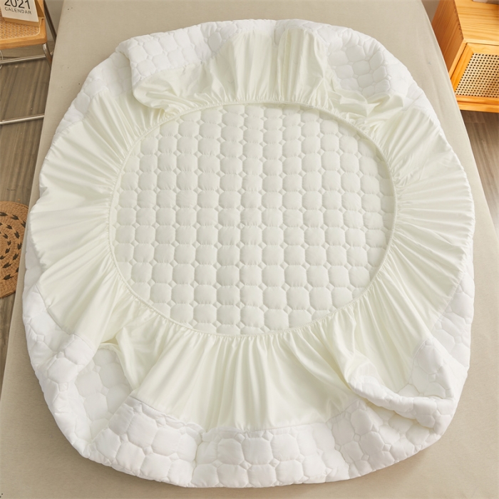 91家纺网 家纺一手货源 找家纺 雯豆 2022新款磨毛夹棉床笠纯色印花芦荟棉床垫保护垫 白色