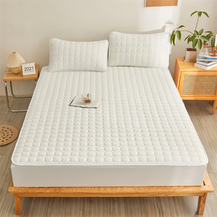 91家纺网 家纺一手货源 找家纺 雯豆 2022新款磨毛夹棉床笠纯色印花芦荟棉床垫保护垫 白色