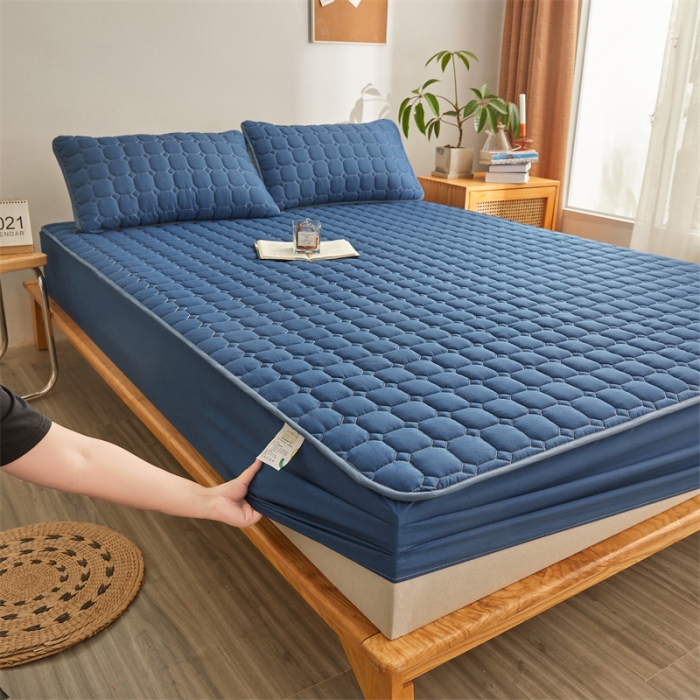 91家纺网 家纺一手货源 找家纺 雯豆 2022新款磨毛夹棉床笠纯色印花芦荟棉床垫保护垫 藏蓝