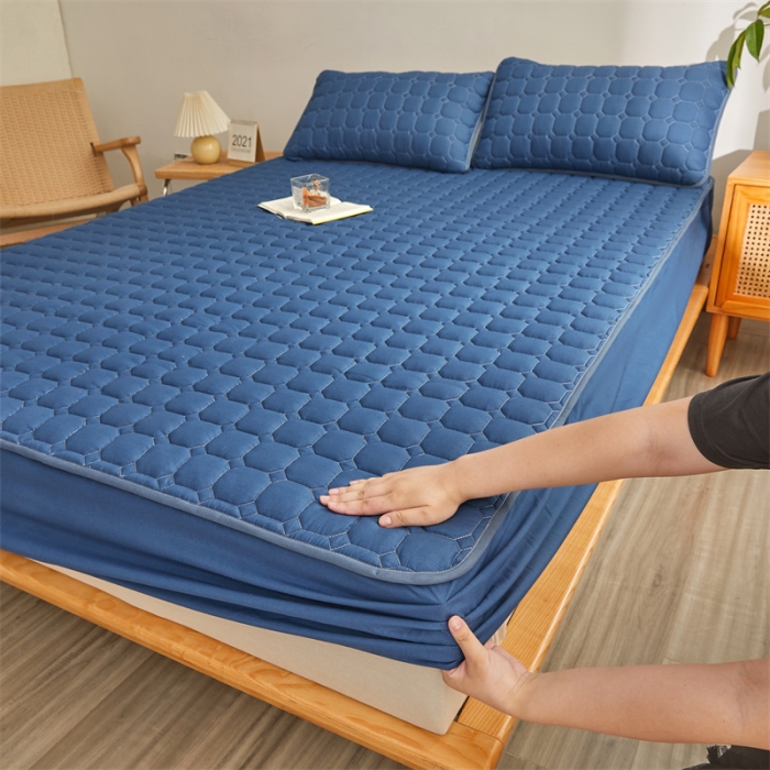 91家纺网 家纺一手货源 找家纺 雯豆 2022新款磨毛夹棉床笠纯色印花芦荟棉床垫保护垫 藏蓝