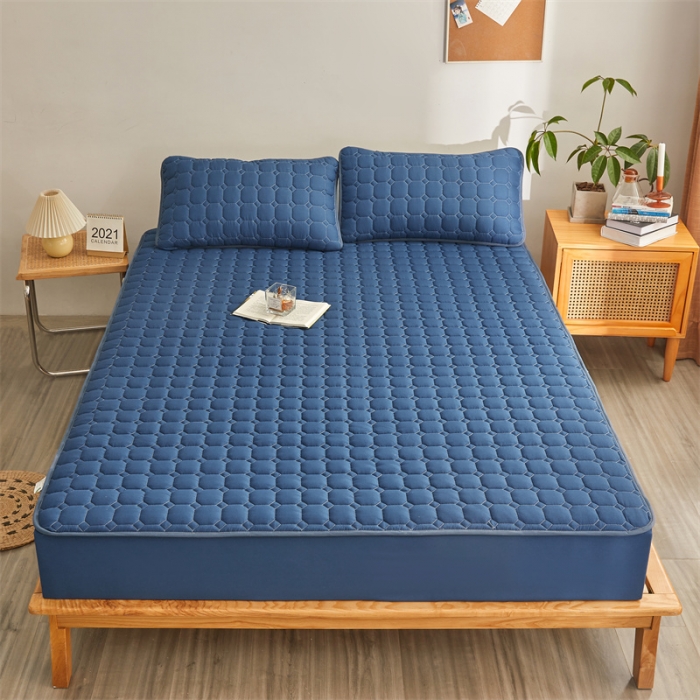 91家纺网 家纺一手货源 找家纺 雯豆 2022新款磨毛夹棉床笠纯色印花芦荟棉床垫保护垫 藏蓝