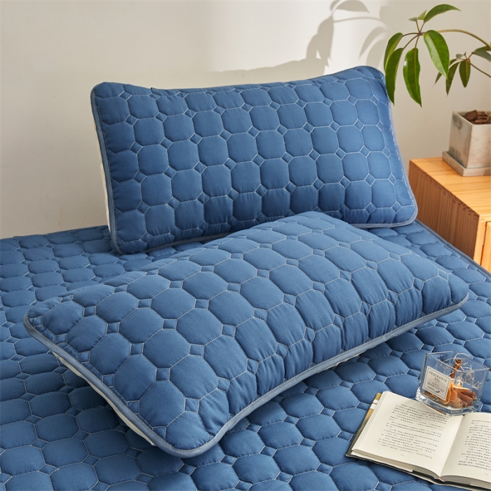 91家纺网 家纺一手货源 找家纺 雯豆 2022新款磨毛夹棉床笠纯色印花芦荟棉床垫保护垫 藏蓝