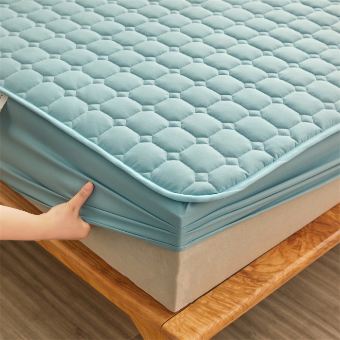 91家纺网 家纺一手货源 找家纺 雯豆 2022新款磨毛夹棉床笠纯色印花芦荟棉床垫保护垫 翡翠绿