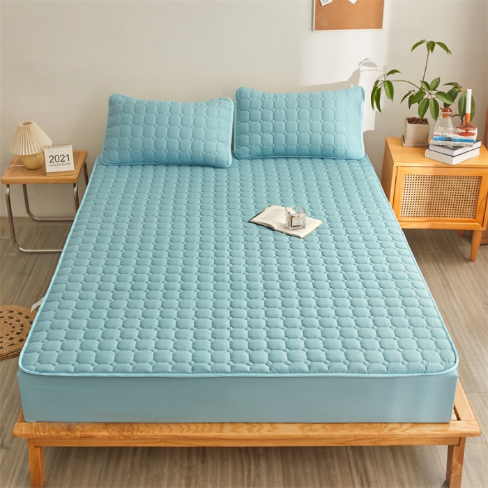 91家纺网 家纺一手货源 找家纺 雯豆 2022新款磨毛夹棉床笠纯色印花芦荟棉床垫保护垫 翡翠绿